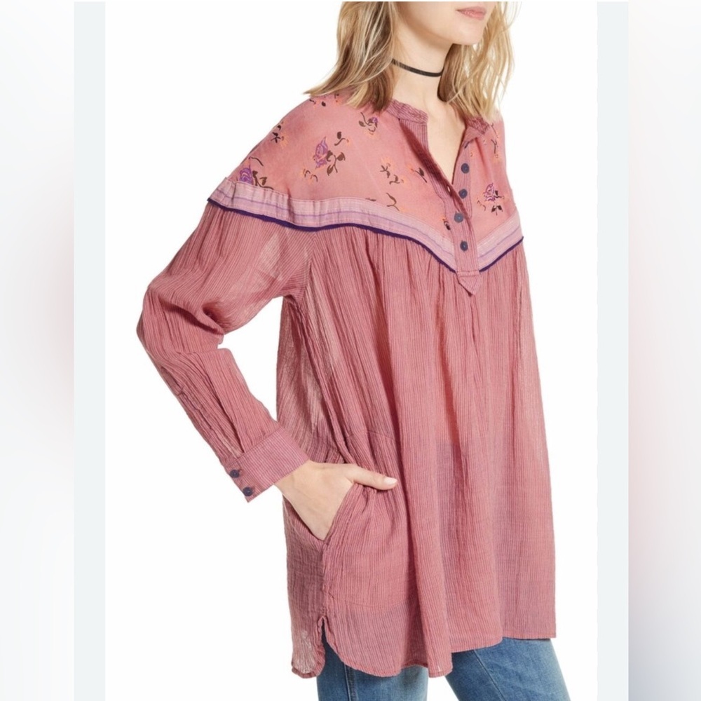 FREE PEOPLE HEARTS & COLORS BUTTON FRONT LONG SLEEVE SHIRT